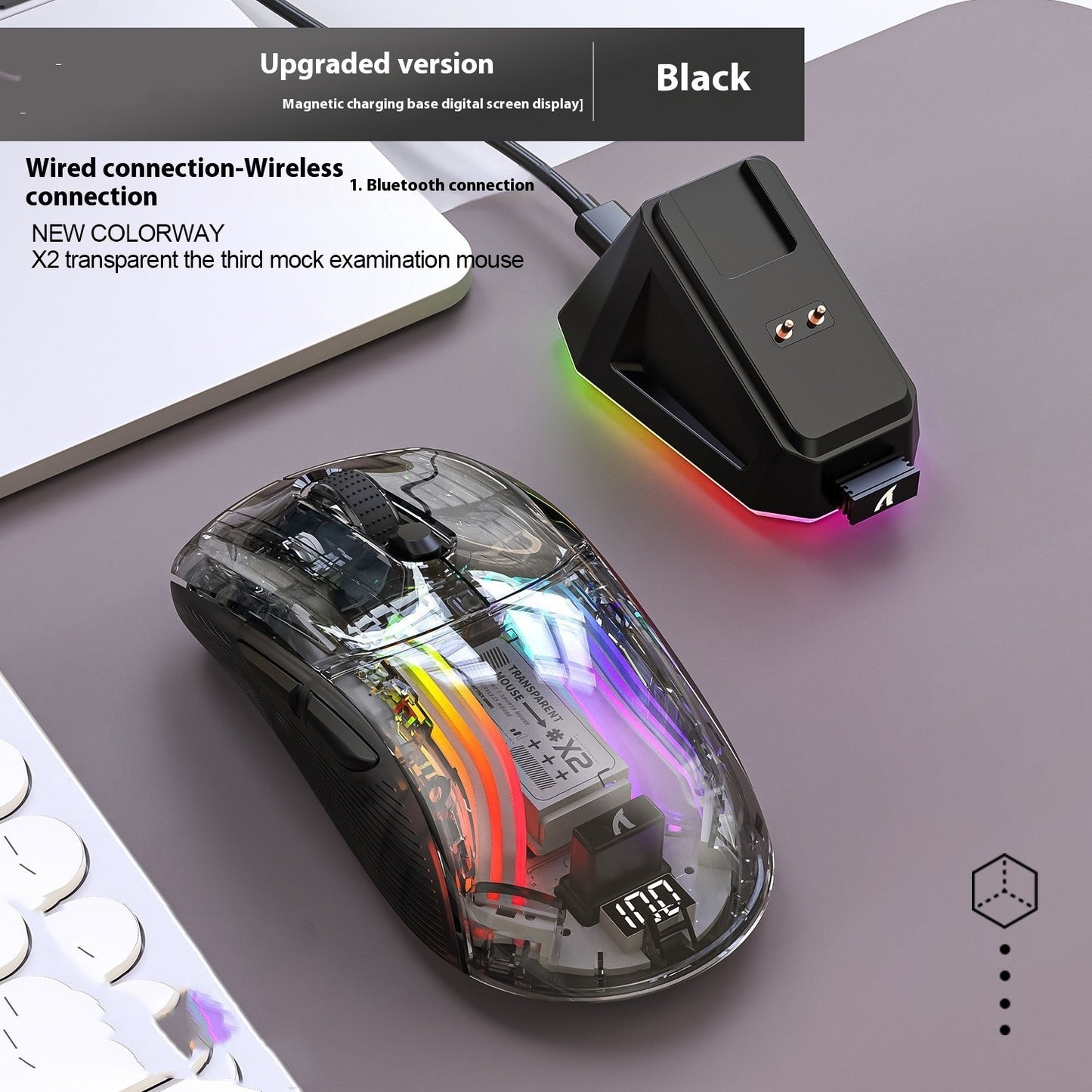 Wireless Bluetooth Three-mode RGB Luminous Transparent Gaming Mouse With Screen